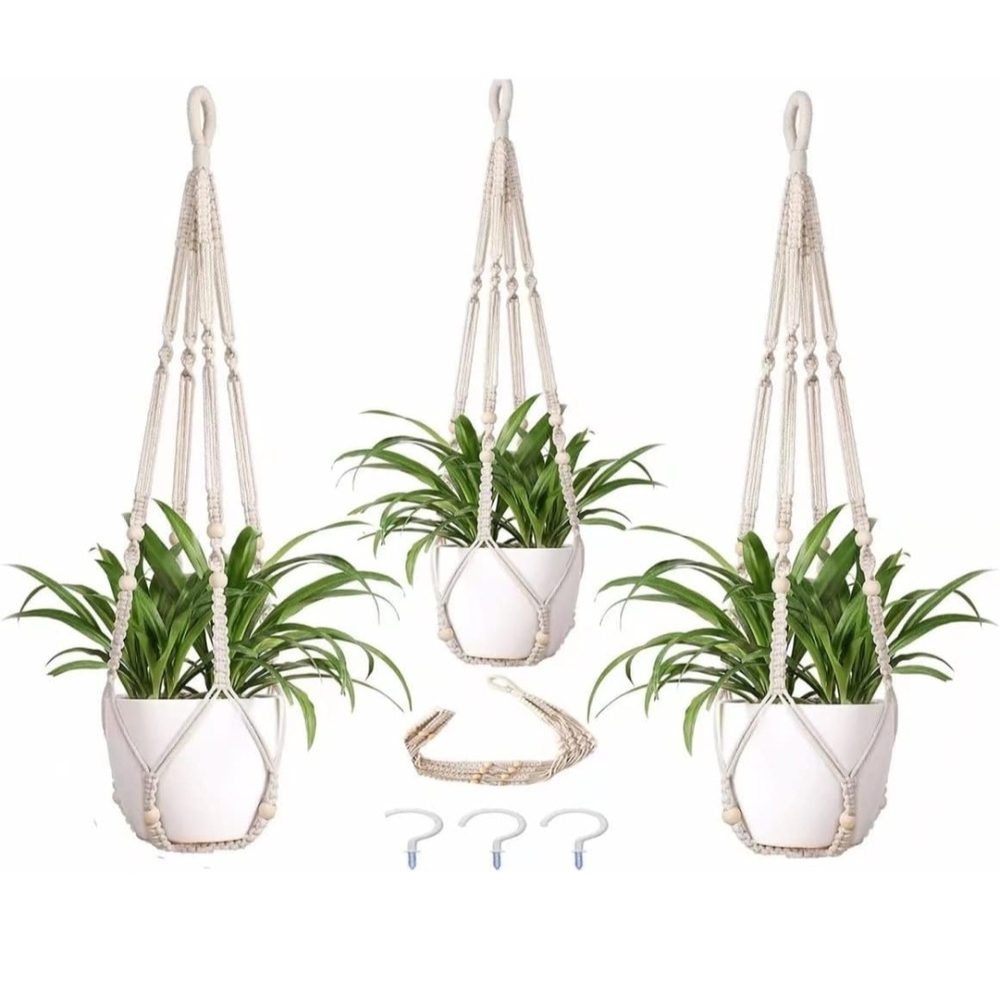 Macramé Plant Hanger Set in Natural Cream - 3-Pack Hanging Planters